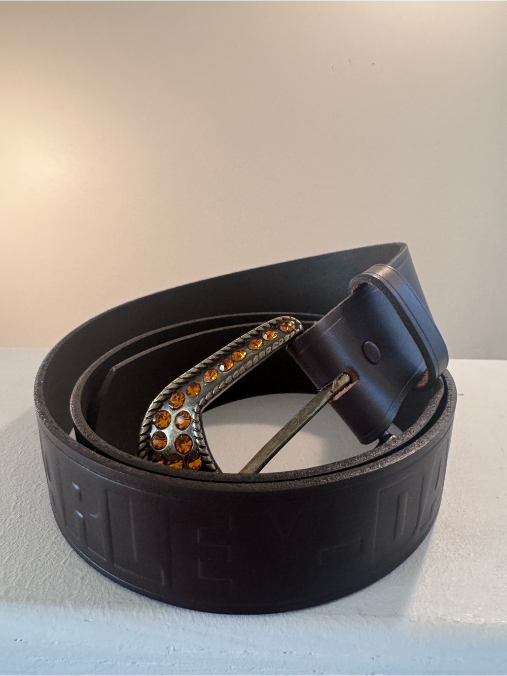 Harley-Davidson Brown Leather Belt with Bedazzled Buckle - Picture 1 of 6